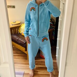 Aviator Nation Light Blue Hoodie & Sweatpants with Rainbow Accents